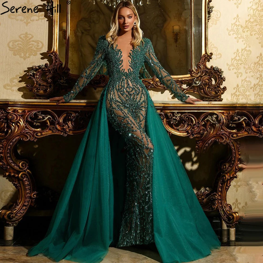 Muslim Green With Train Mermaid Beaded Elegant Luxury Evening Dresses Gowns 2025 For Women Party LA71107 Customized