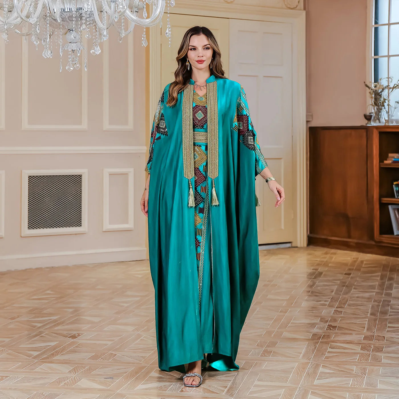Ramadan Muslim Embroidery Open Abaya Women Luxury Evening Dress 2 Piece Set Dubai Turkey High Quality Formal Party Vestidos Gown