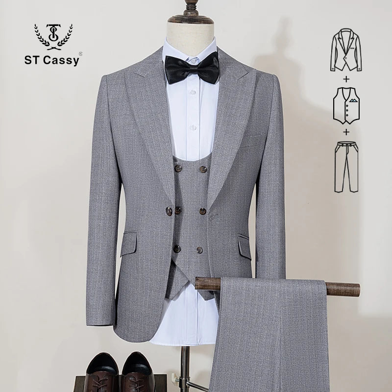 ST Cassy High Quality Men's Suit Slim Fit Male Groom Wedding Blazers Party Dress Suit Business Office three-piece