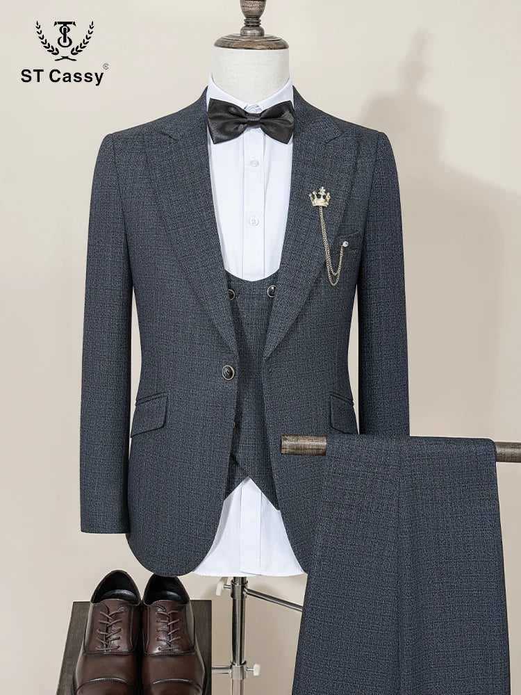 ST Cassy High Quality Men's Suit Slim Fit Male Groom Wedding Blazers Party Dress Suit Business Office three-piece