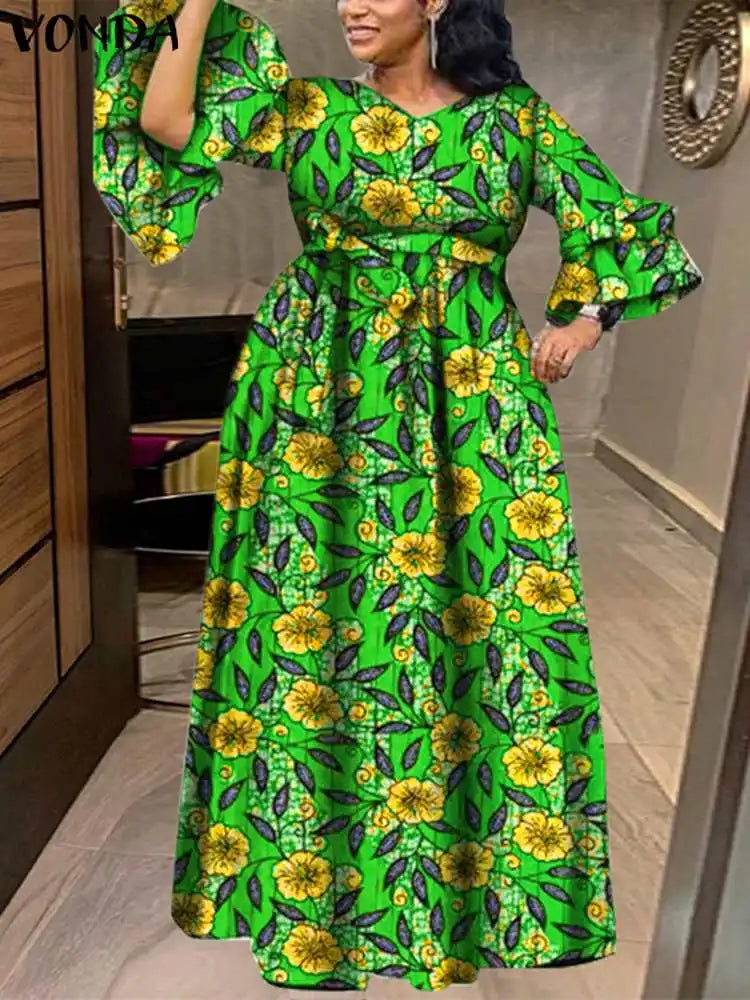 VONDA Bohemian Floral Printed Maxi Dress Women Sexy V-Neck Long Sleeve Ruffled Vestidos 2024 Fashion Casual Loose Vintage Robe