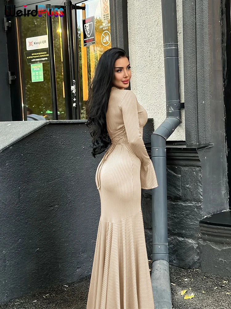 Weird Puss Ribbed Elegant Dress Women O-Neck Solid Flared Sleeve Lace-Up Ruffles Hem Street Trend Stretch Classic Long Bodycon