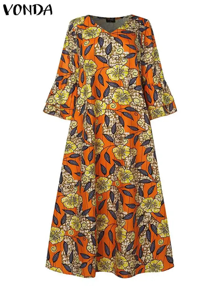 VONDA Bohemian Floral Printed Maxi Dress Women Sexy V-Neck Long Sleeve Ruffled Vestidos 2024 Fashion Casual Loose Vintage Robe