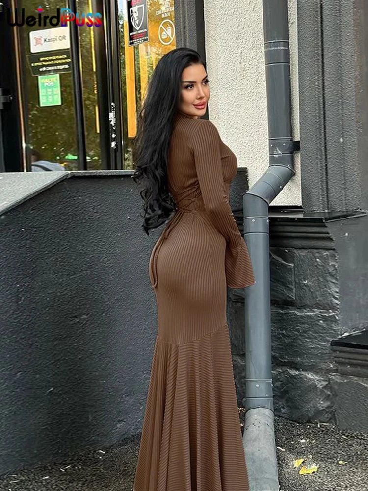 Weird Puss Ribbed Elegant Dress Women O-Neck Solid Flared Sleeve Lace-Up Ruffles Hem Street Trend Stretch Classic Long Bodycon