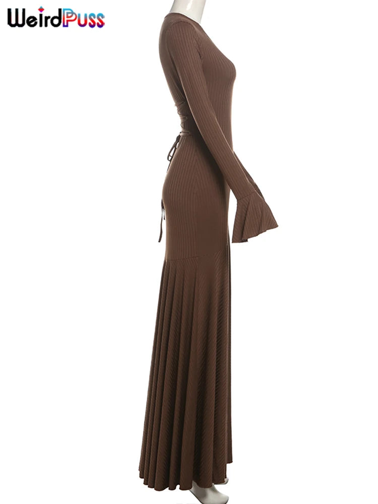 Weird Puss Ribbed Elegant Dress Women O-Neck Solid Flared Sleeve Lace-Up Ruffles Hem Street Trend Stretch Classic Long Bodycon