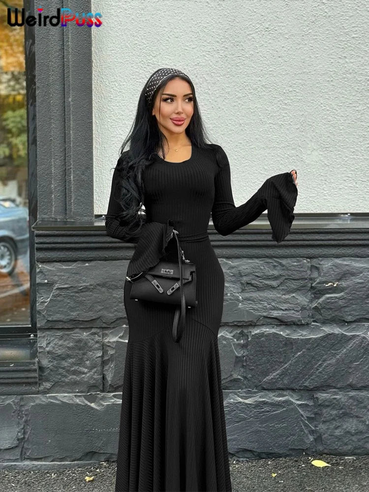 Weird Puss Ribbed Elegant Dress Women O-Neck Solid Flared Sleeve Lace-Up Ruffles Hem Street Trend Stretch Classic Long Bodycon