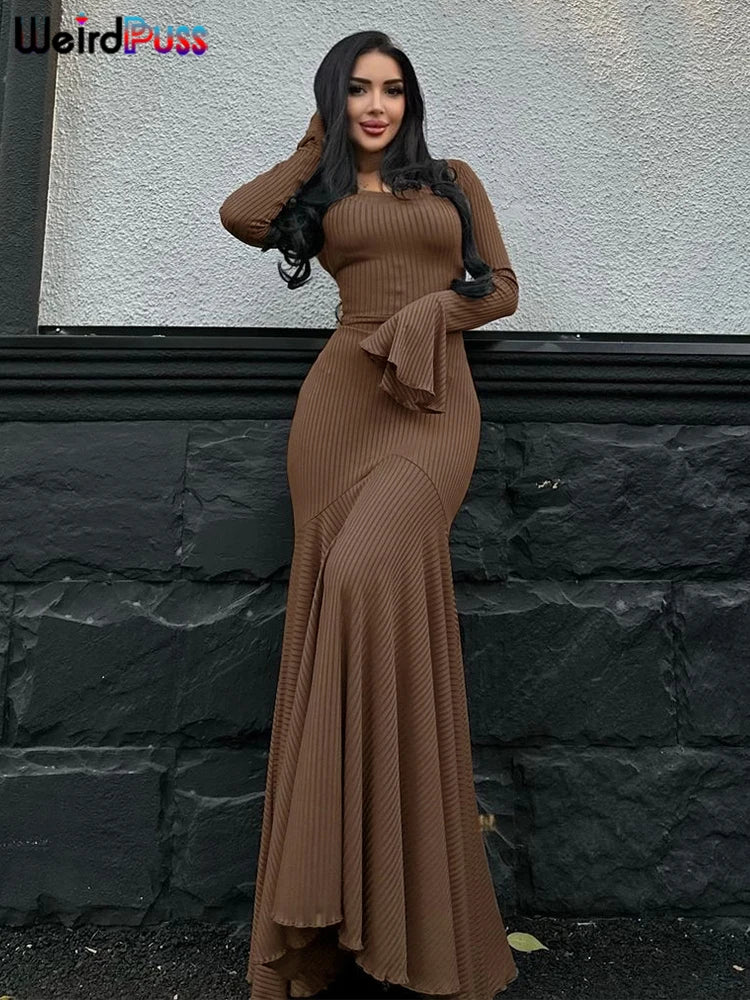 Weird Puss Ribbed Elegant Dress Women O-Neck Solid Flared Sleeve Lace-Up Ruffles Hem Street Trend Stretch Classic Long Bodycon