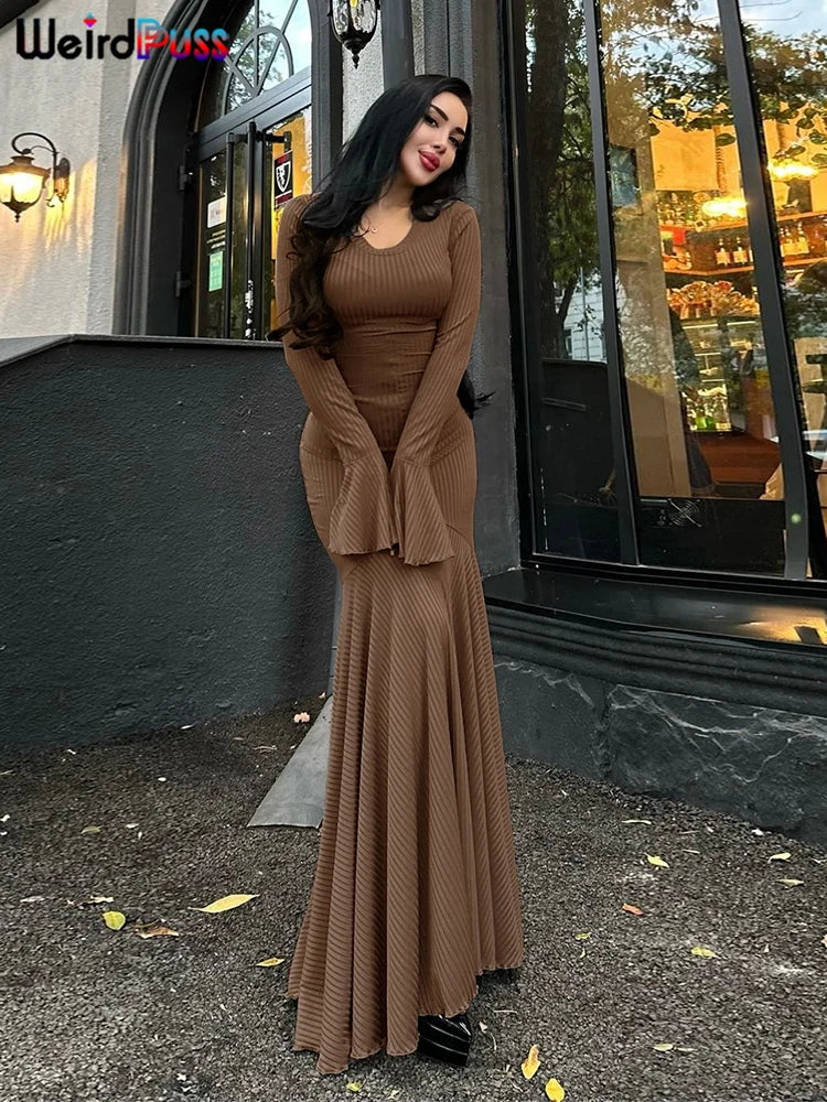 Weird Puss Ribbed Elegant Dress Women O-Neck Solid Flared Sleeve Lace-Up Ruffles Hem Street Trend Stretch Classic Long Bodycon