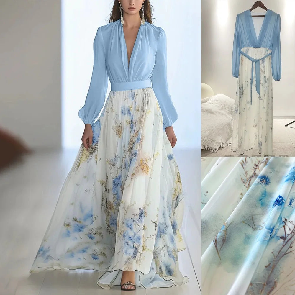 Two Piece Sets Womens Outifits Long Sleeve Blouse Spring Chiffon Shirts Print Tops A Line High Skirts Pleated Robe Dress