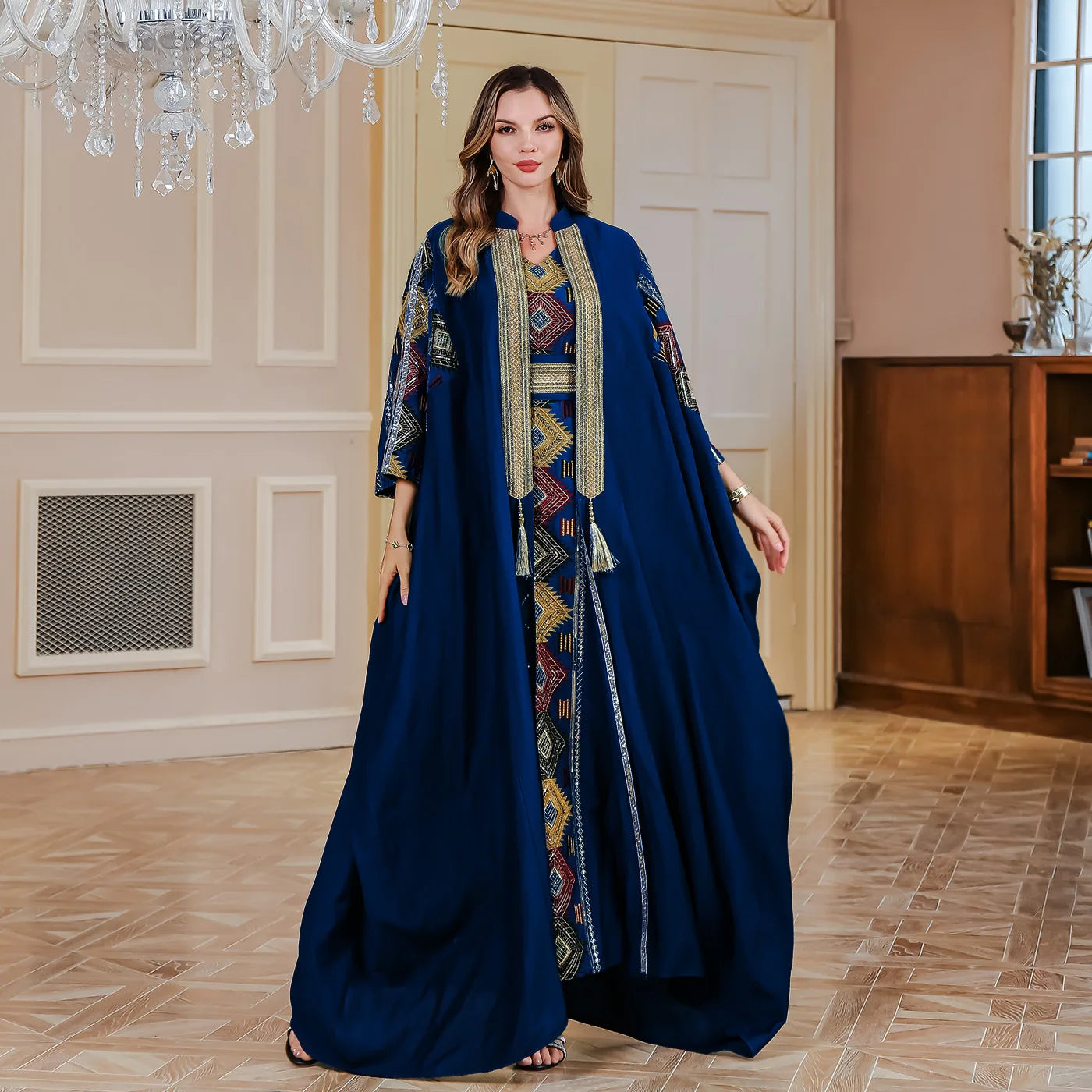 Ramadan Muslim Embroidery Open Abaya Women Luxury Evening Dress 2 Piece Set Dubai Turkey High Quality Formal Party Vestidos Gown