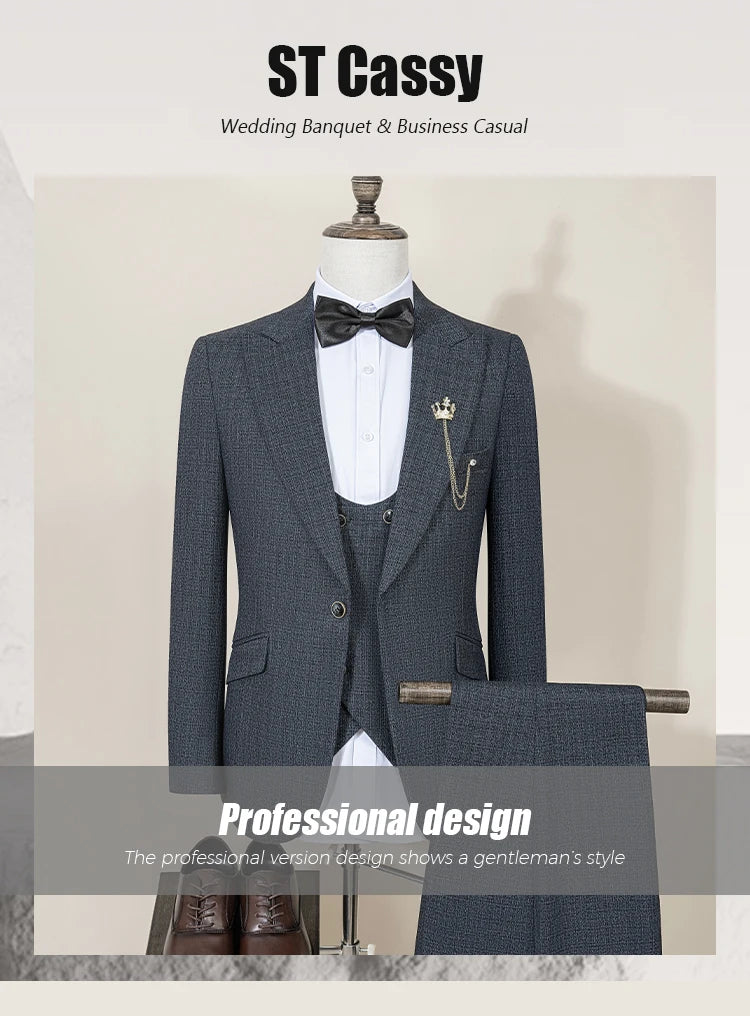 ST Cassy High Quality Men's Suit Slim Fit Male Groom Wedding Blazers Party Dress Suit Business Office three-piece