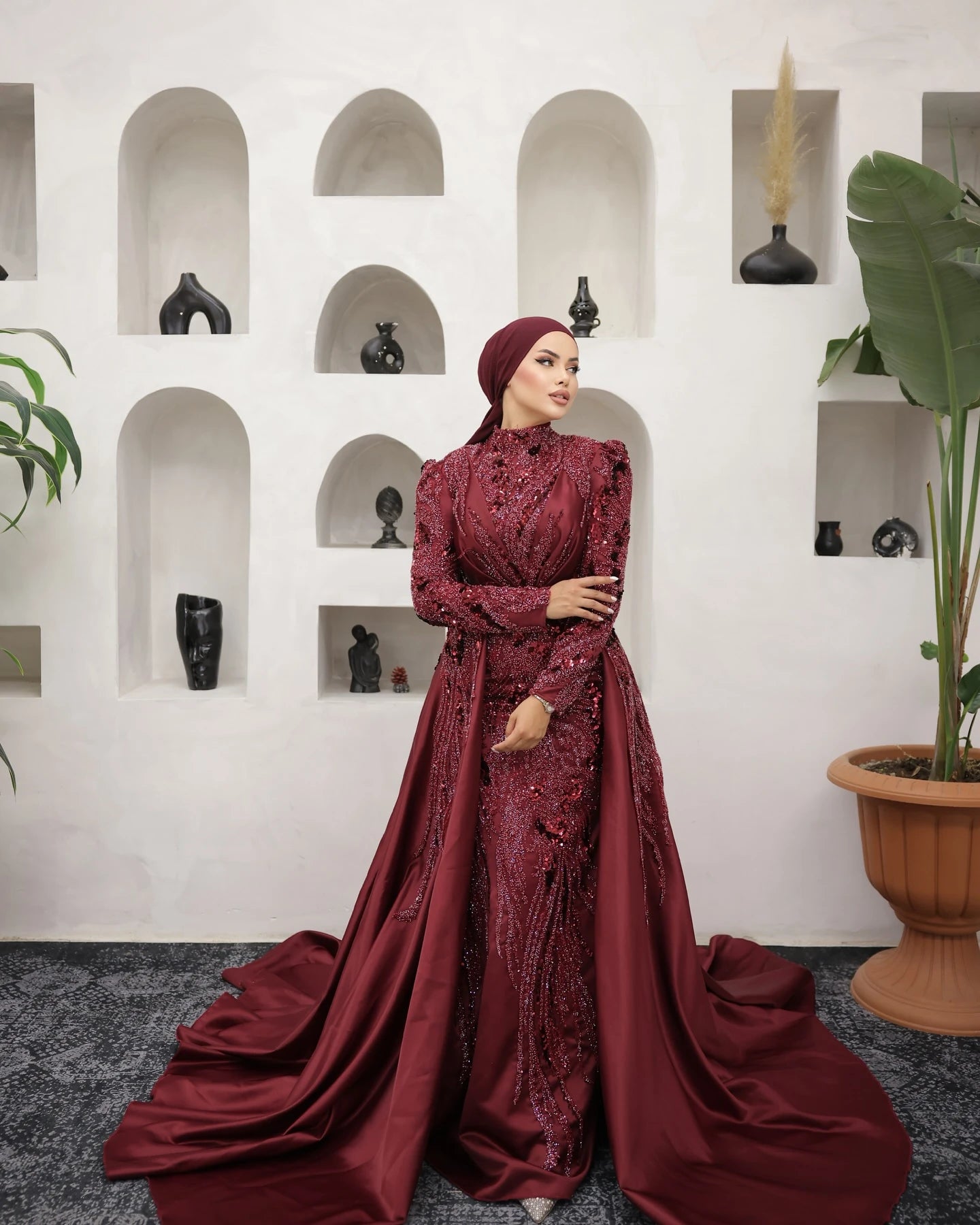 FATAPAESE Muslim Evening Dress Illusion Neckline Full Sleeve Side Slit Maxi Skirt Special Occasion Gown لباس_ماکسی لباس_شب_ترک