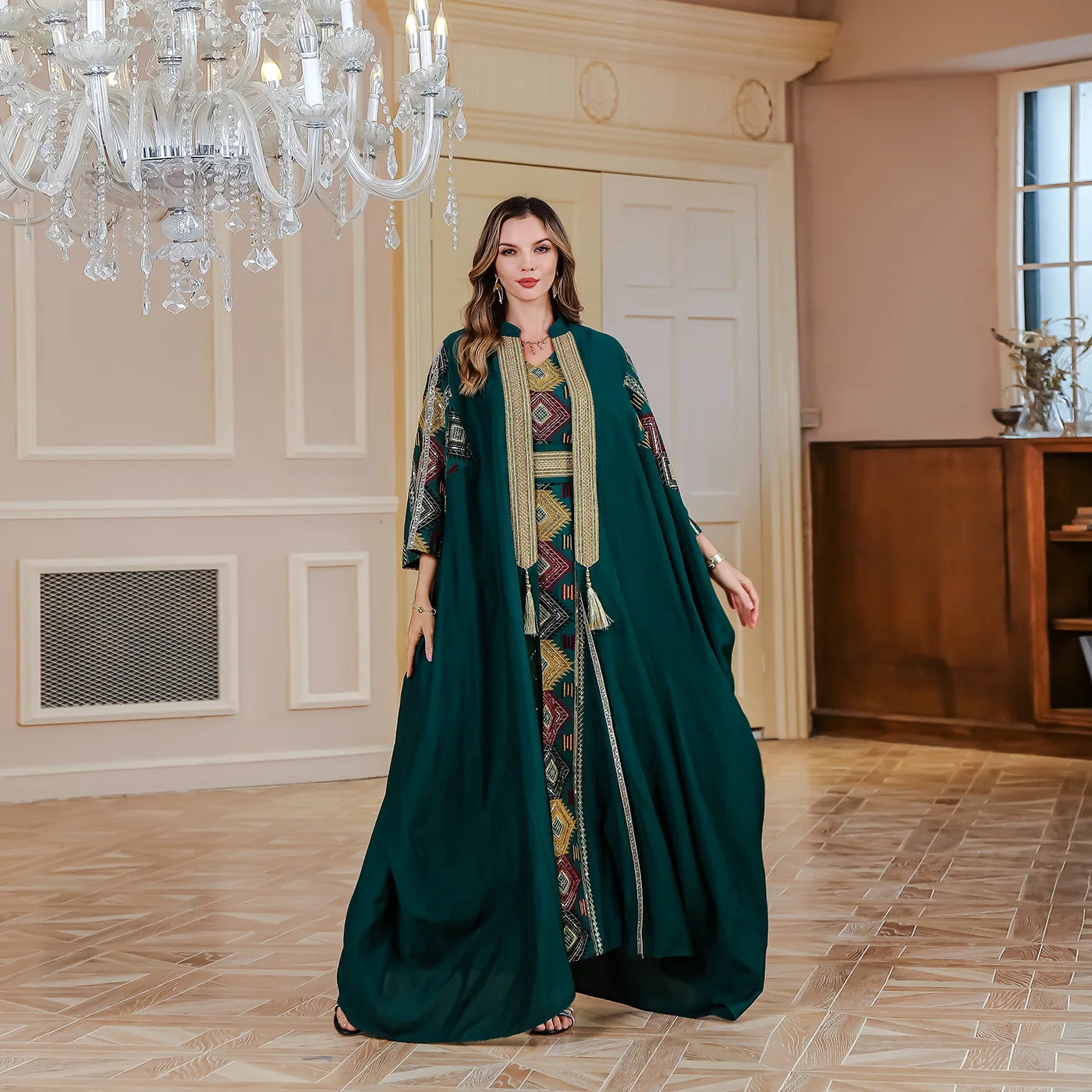Ramadan Muslim Embroidery Open Abaya Women Luxury Evening Dress 2 Piece Set Dubai Turkey High Quality Formal Party Vestidos Gown