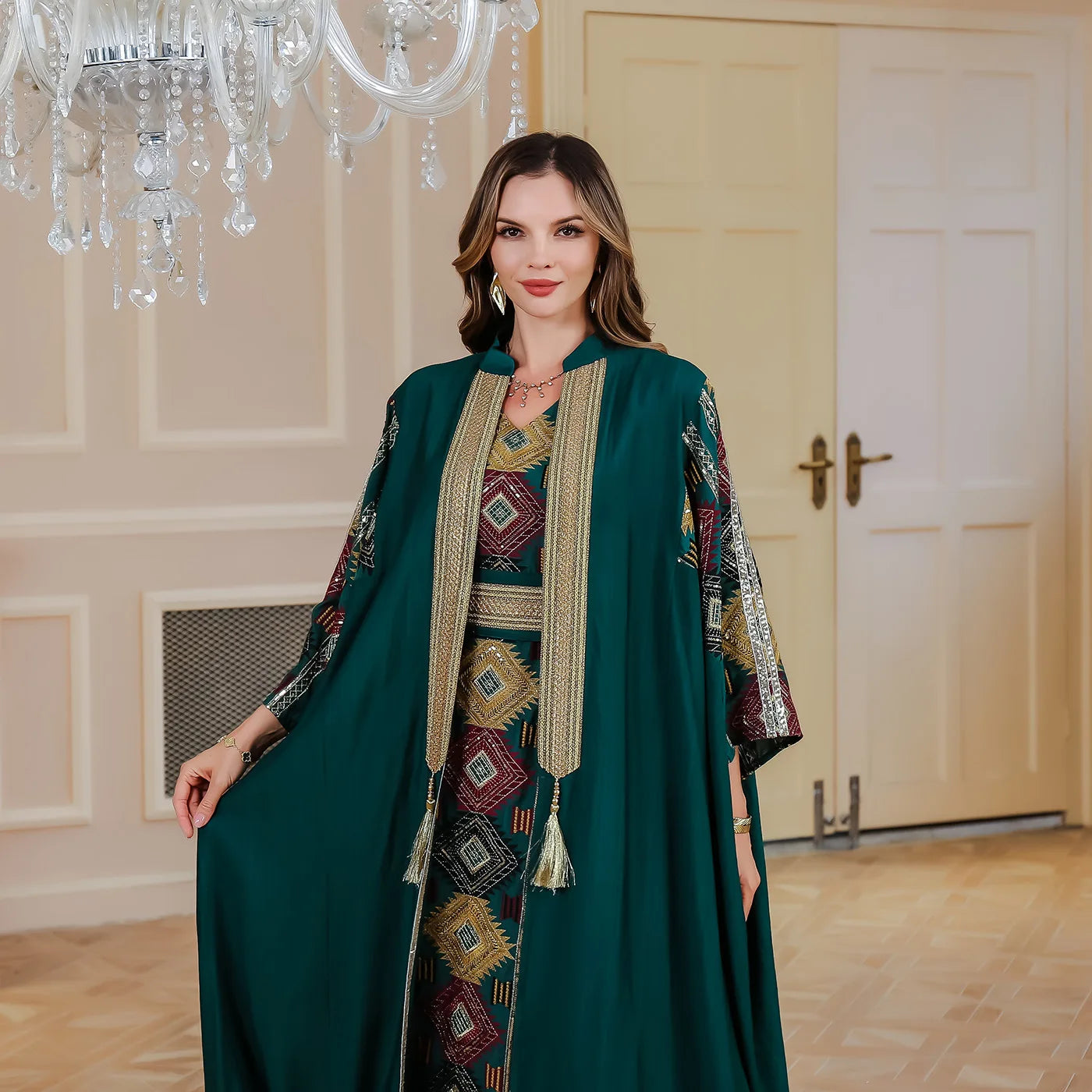 Ramadan Muslim Embroidery Open Abaya Women Luxury Evening Dress 2 Piece Set Dubai Turkey High Quality Formal Party Vestidos Gown