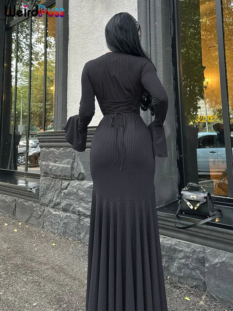 Weird Puss Ribbed Elegant Dress Women O-Neck Solid Flared Sleeve Lace-Up Ruffles Hem Street Trend Stretch Classic Long Bodycon