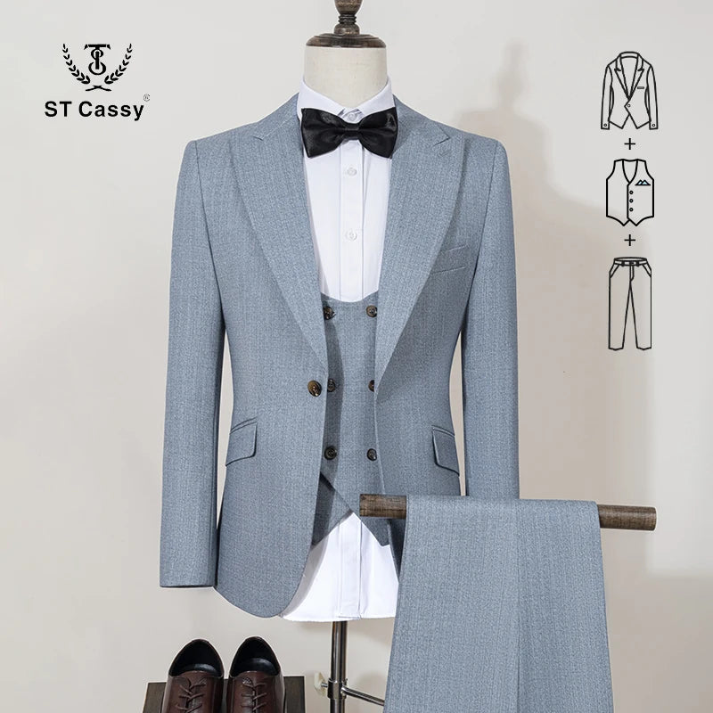 ST Cassy High Quality Men's Suit Slim Fit Male Groom Wedding Blazers Party Dress Suit Business Office three-piece