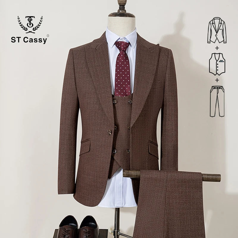 ST Cassy High Quality Men's Suit Slim Fit Male Groom Wedding Blazers Party Dress Suit Business Office three-piece