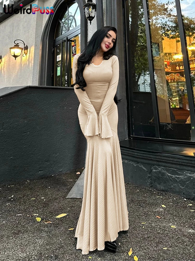 Weird Puss Ribbed Elegant Dress Women O-Neck Solid Flared Sleeve Lace-Up Ruffles Hem Street Trend Stretch Classic Long Bodycon