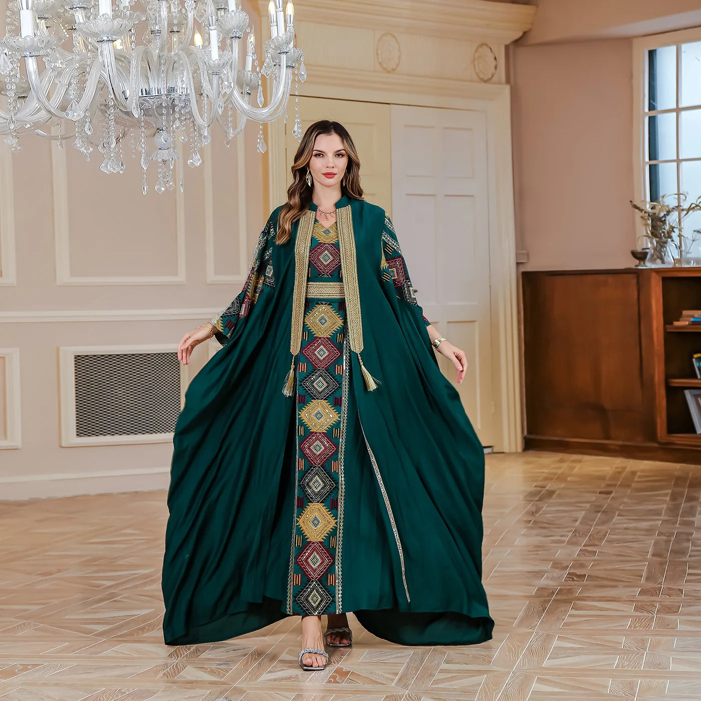 Ramadan Muslim Embroidery Open Abaya Women Luxury Evening Dress 2 Piece Set Dubai Turkey High Quality Formal Party Vestidos Gown