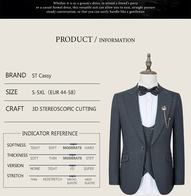 ST Cassy High Quality Men's Suit Slim Fit Male Groom Wedding Blazers Party Dress Suit Business Office three-piece