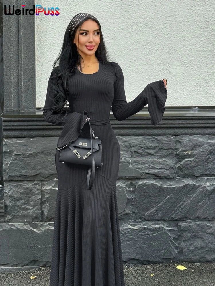 Weird Puss Ribbed Elegant Dress Women O-Neck Solid Flared Sleeve Lace-Up Ruffles Hem Street Trend Stretch Classic Long Bodycon