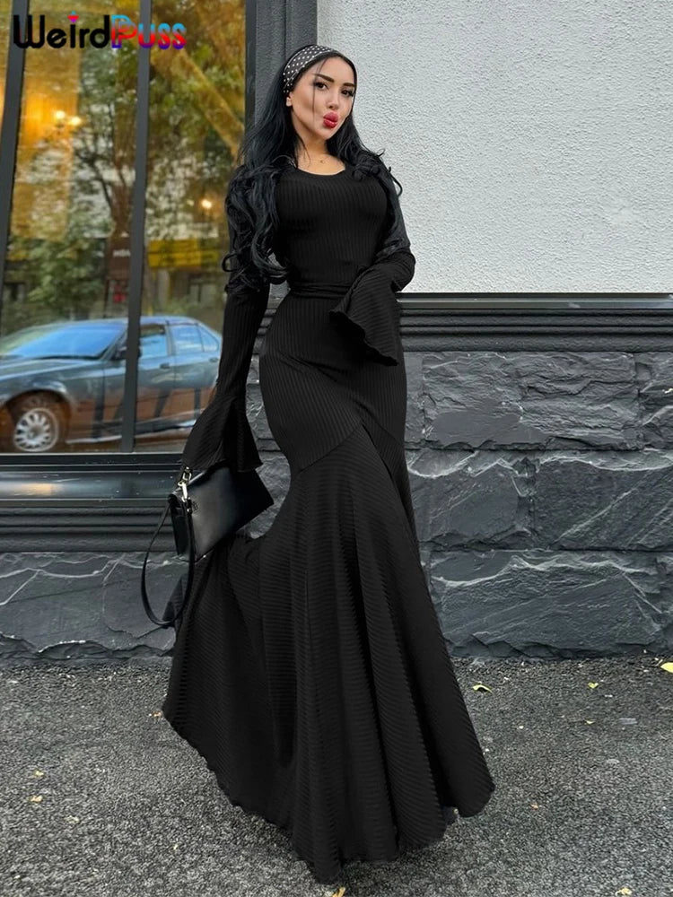 Weird Puss Ribbed Elegant Dress Women O-Neck Solid Flared Sleeve Lace-Up Ruffles Hem Street Trend Stretch Classic Long Bodycon