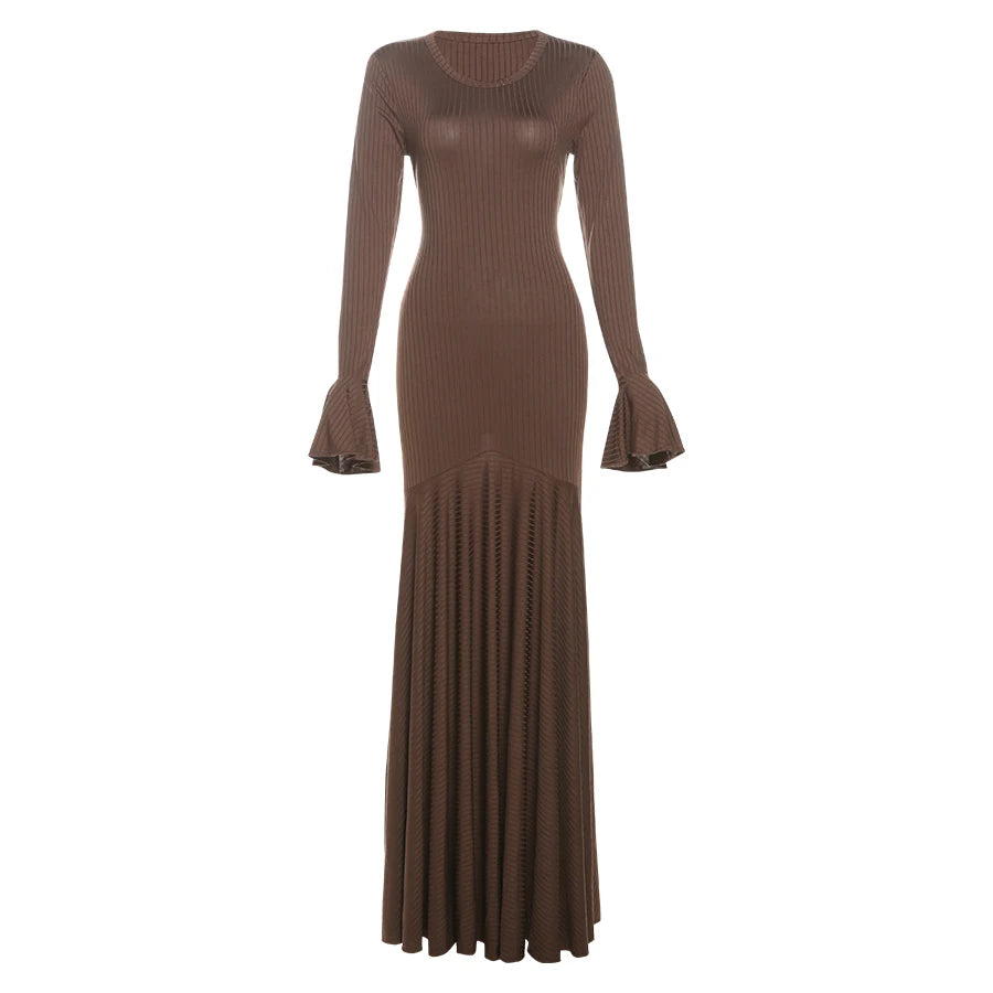 Weird Puss Ribbed Elegant Dress Women O-Neck Solid Flared Sleeve Lace-Up Ruffles Hem Street Trend Stretch Classic Long Bodycon