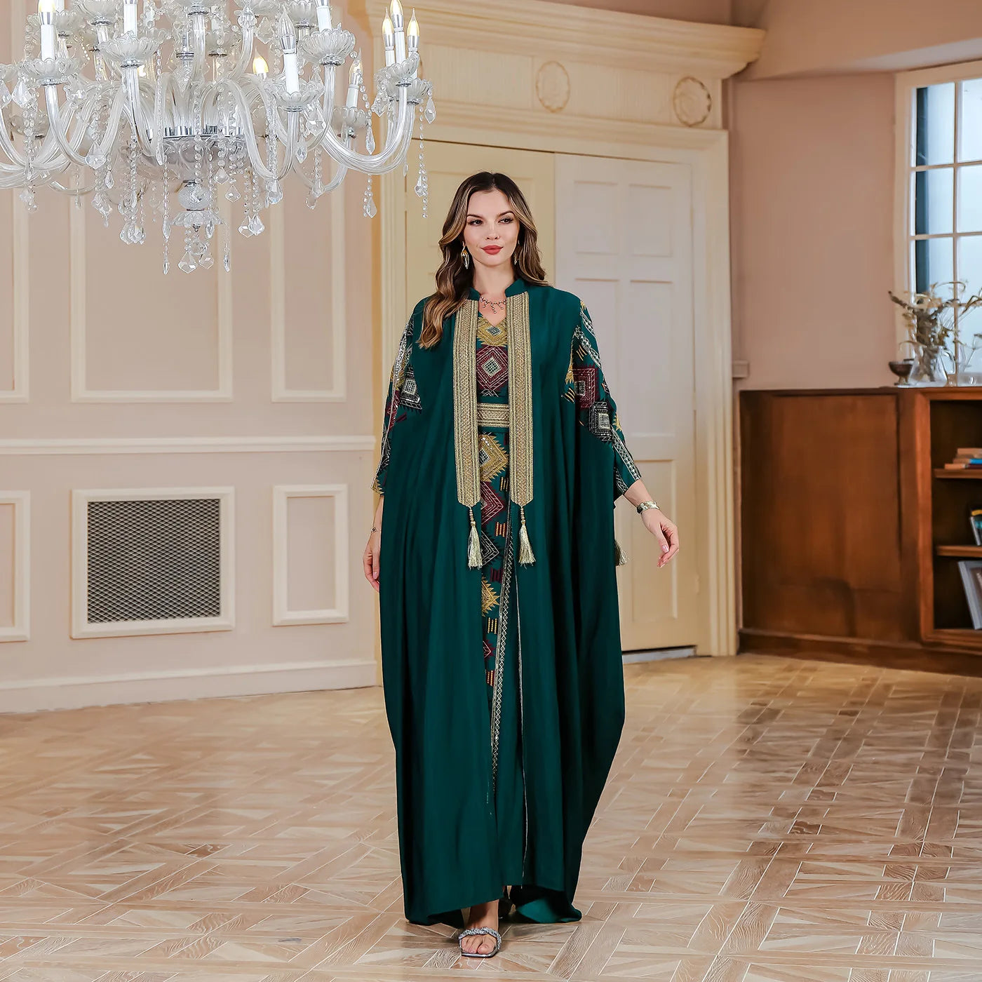 Ramadan Muslim Embroidery Open Abaya Women Luxury Evening Dress 2 Piece Set Dubai Turkey High Quality Formal Party Vestidos Gown