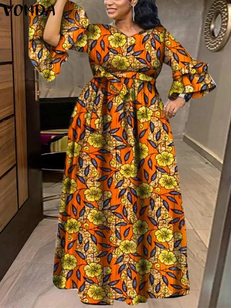 VONDA Bohemian Floral Printed Maxi Dress Women Sexy V-Neck Long Sleeve Ruffled Vestidos 2024 Fashion Casual Loose Vintage Robe