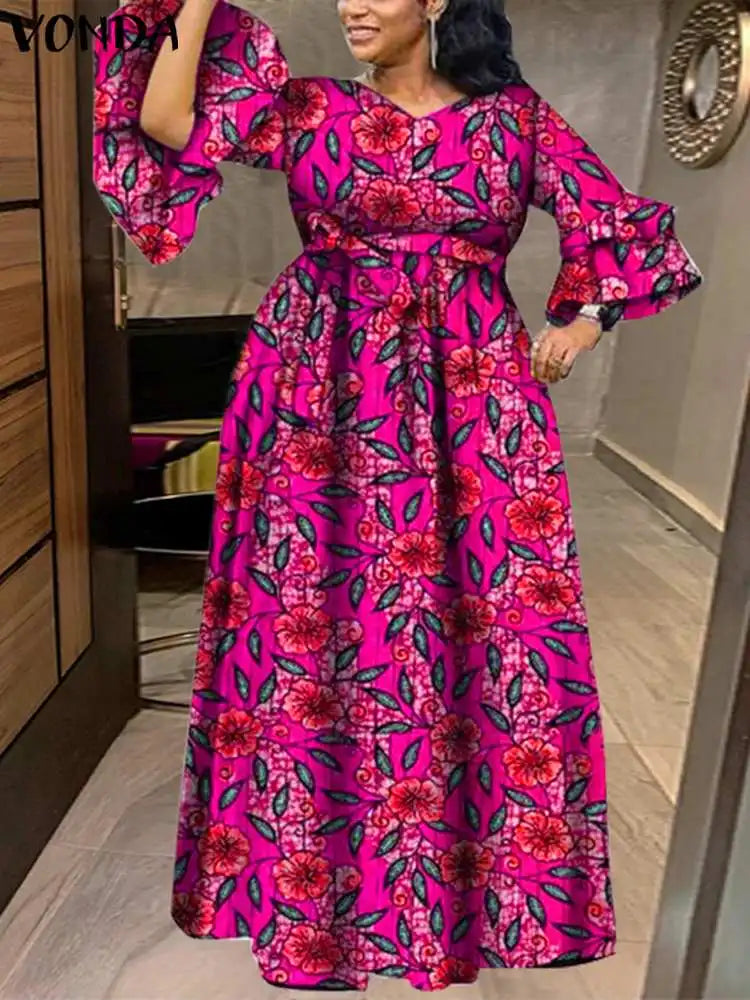 VONDA Bohemian Floral Printed Maxi Dress Women Sexy V-Neck Long Sleeve Ruffled Vestidos 2024 Fashion Casual Loose Vintage Robe