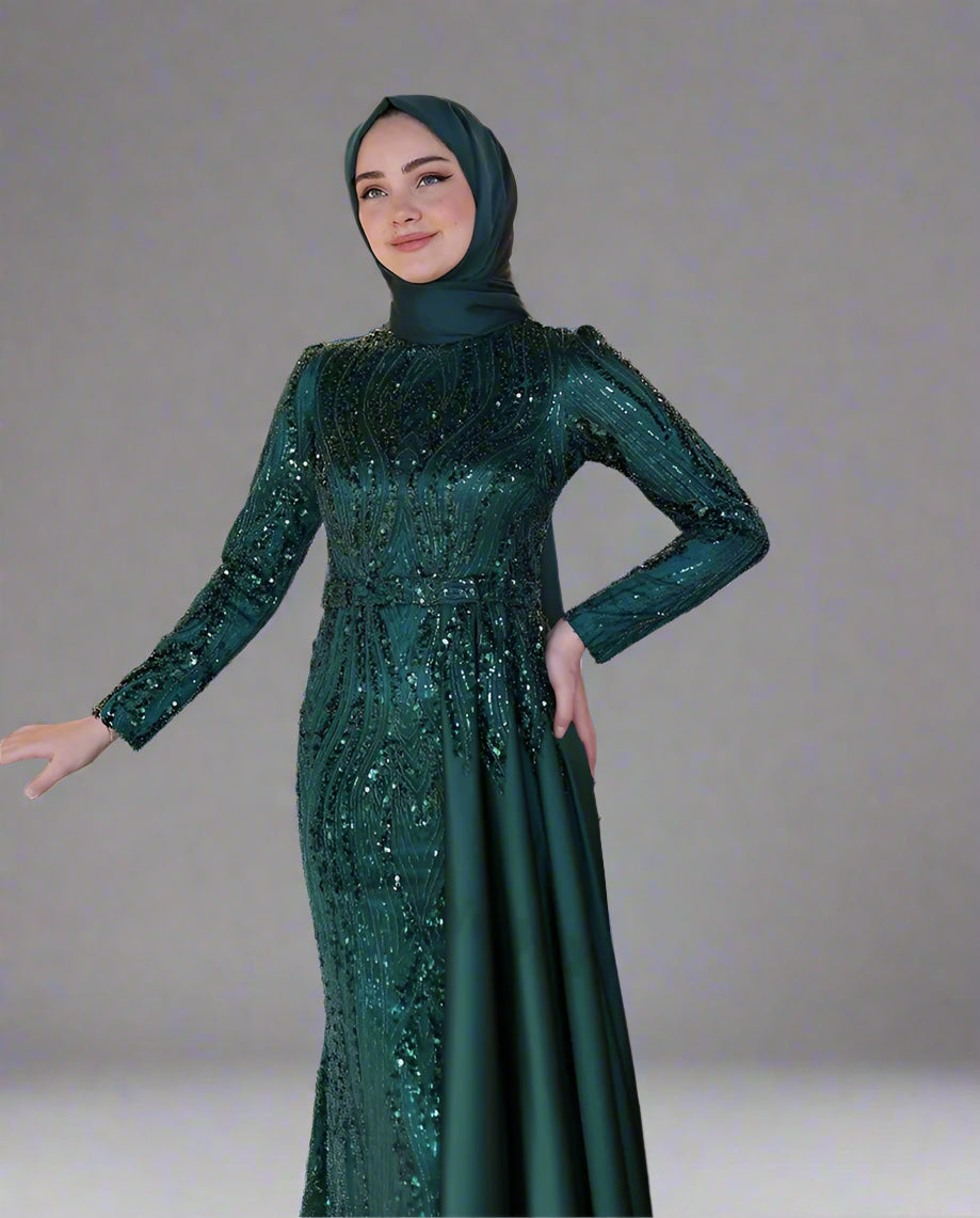 Beaded Satin Muslim Evening Gown