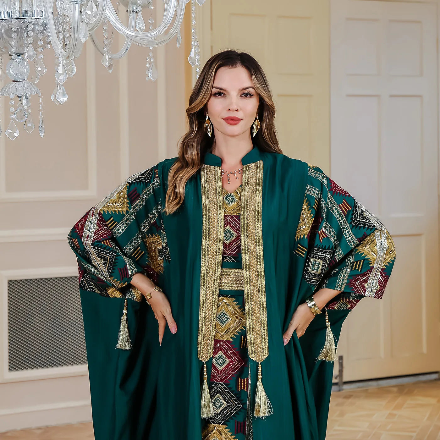 Ramadan Muslim Embroidery Open Abaya Women Luxury Evening Dress 2 Piece Set Dubai Turkey High Quality Formal Party Vestidos Gown