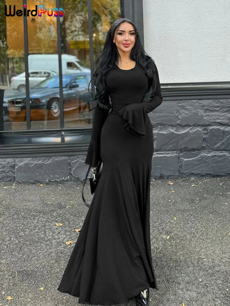 Weird Puss Ribbed Elegant Dress Women O-Neck Solid Flared Sleeve Lace-Up Ruffles Hem Street Trend Stretch Classic Long Bodycon