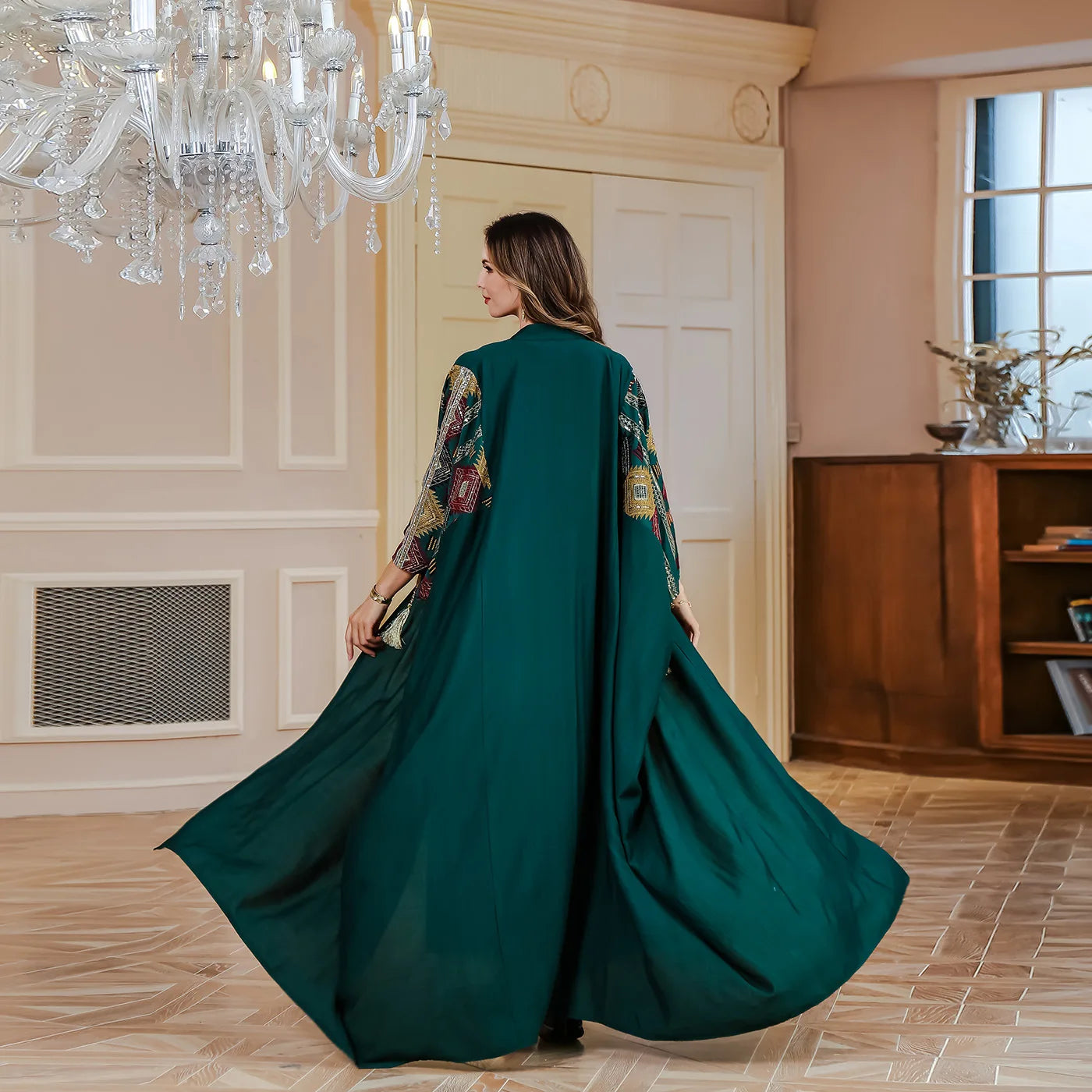 Ramadan Muslim Embroidery Open Abaya Women Luxury Evening Dress 2 Piece Set Dubai Turkey High Quality Formal Party Vestidos Gown