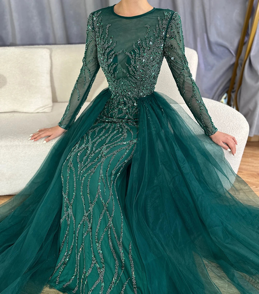 Muslim Green With Train Mermaid Beaded Elegant Luxury Evening Dresses Gowns 2025 For Women Party LA71107 Customized