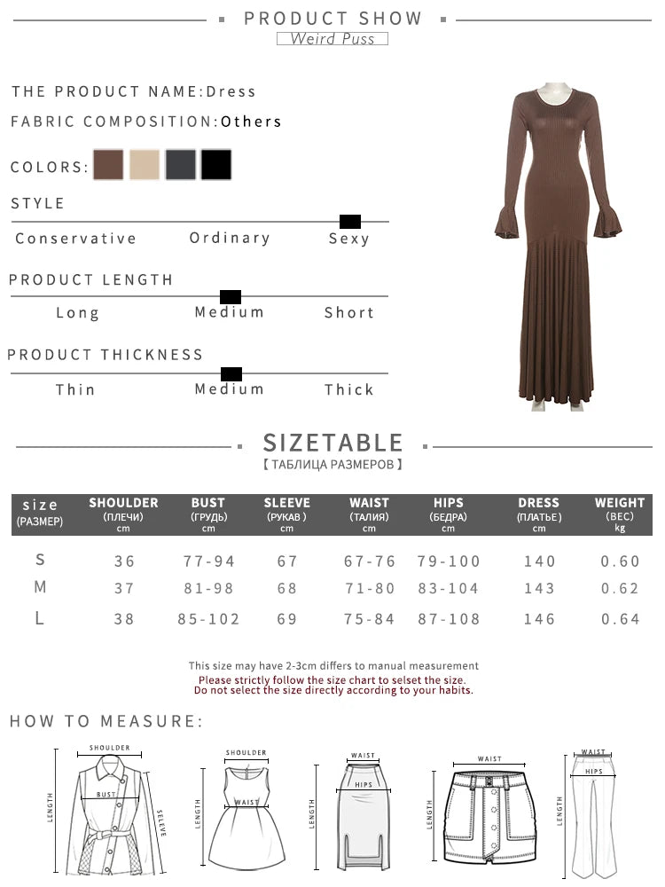 Weird Puss Ribbed Elegant Dress Women O-Neck Solid Flared Sleeve Lace-Up Ruffles Hem Street Trend Stretch Classic Long Bodycon