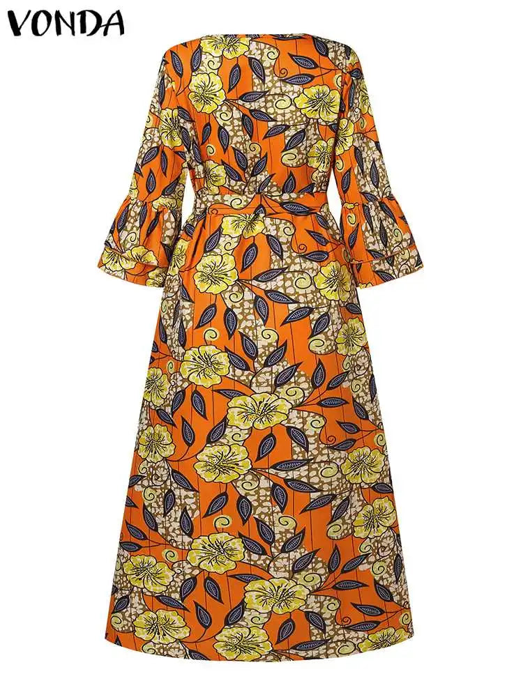 VONDA Bohemian Floral Printed Maxi Dress Women Sexy V-Neck Long Sleeve Ruffled Vestidos 2024 Fashion Casual Loose Vintage Robe