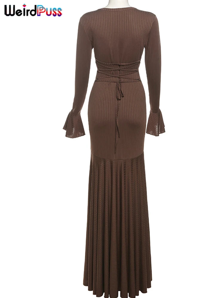 Weird Puss Ribbed Elegant Dress Women O-Neck Solid Flared Sleeve Lace-Up Ruffles Hem Street Trend Stretch Classic Long Bodycon