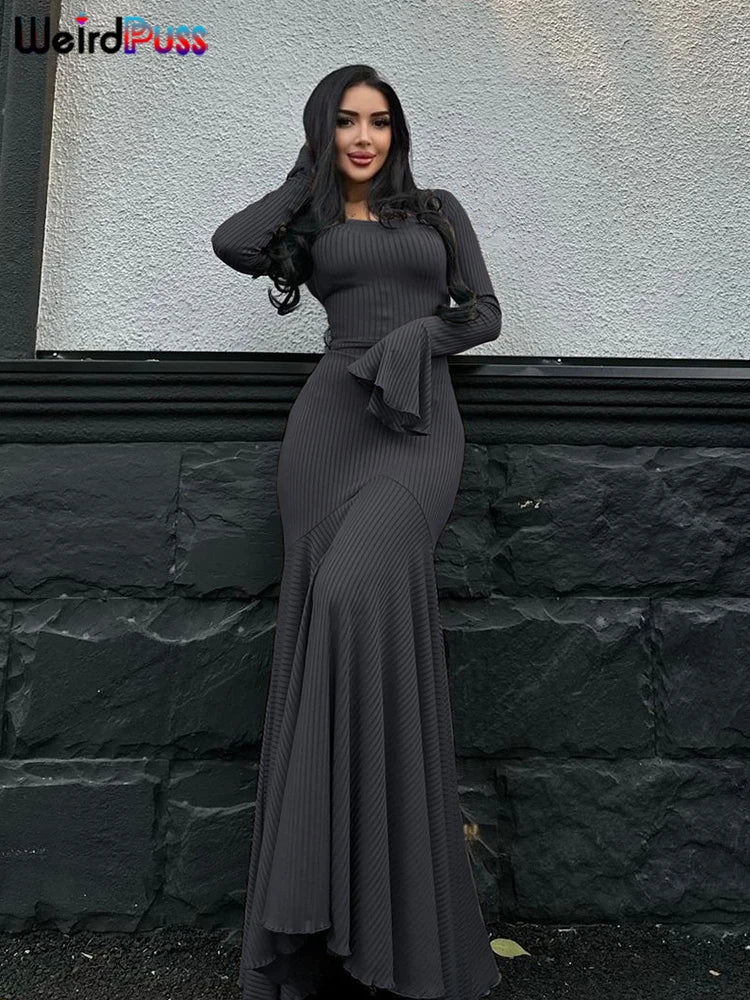 Weird Puss Ribbed Elegant Dress Women O-Neck Solid Flared Sleeve Lace-Up Ruffles Hem Street Trend Stretch Classic Long Bodycon