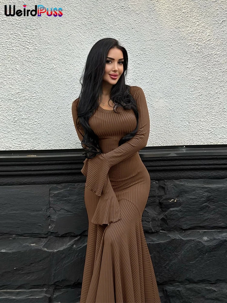 Weird Puss Ribbed Elegant Dress Women O-Neck Solid Flared Sleeve Lace-Up Ruffles Hem Street Trend Stretch Classic Long Bodycon
