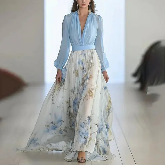 Two Piece Sets Womens Outifits Long Sleeve Blouse Spring Chiffon Shirts Print Tops A Line High Skirts Pleated Robe Dress