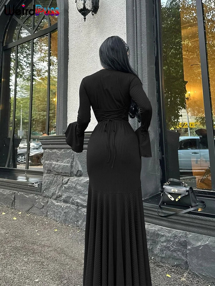 Weird Puss Ribbed Elegant Dress Women O-Neck Solid Flared Sleeve Lace-Up Ruffles Hem Street Trend Stretch Classic Long Bodycon