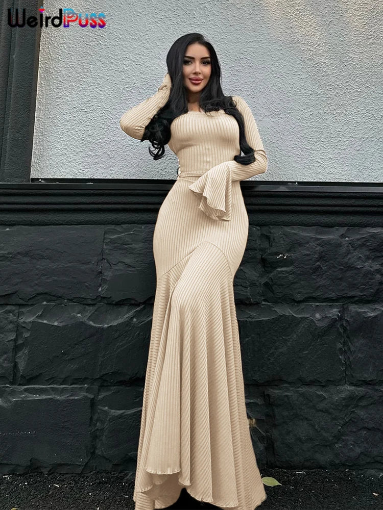 Weird Puss Ribbed Elegant Dress Women O-Neck Solid Flared Sleeve Lace-Up Ruffles Hem Street Trend Stretch Classic Long Bodycon
