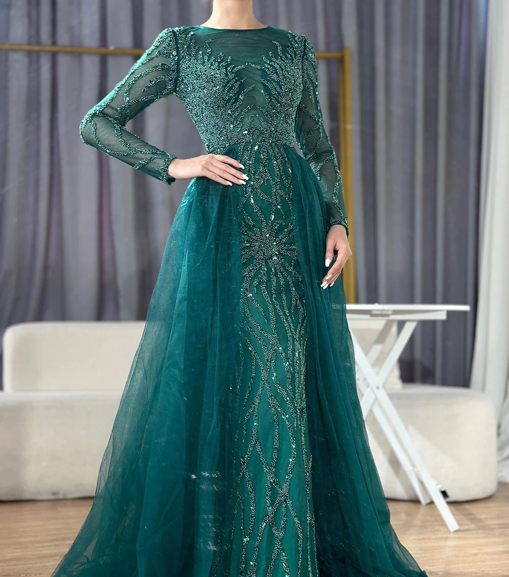 Muslim Green With Train Mermaid Beaded Elegant Luxury Evening Dresses Gowns 2025 For Women Party LA71107 Customized