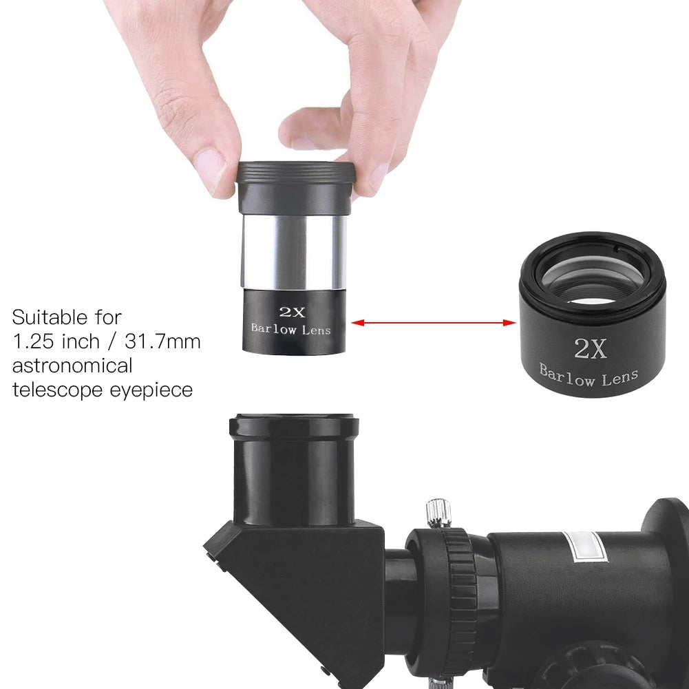 Barlow Lens 31.75mm Metal Barlow Lens 1.25 Inch 2X Magnification M28.6 Thread Barlow Lens for Astronomical Telescope Eyepiece