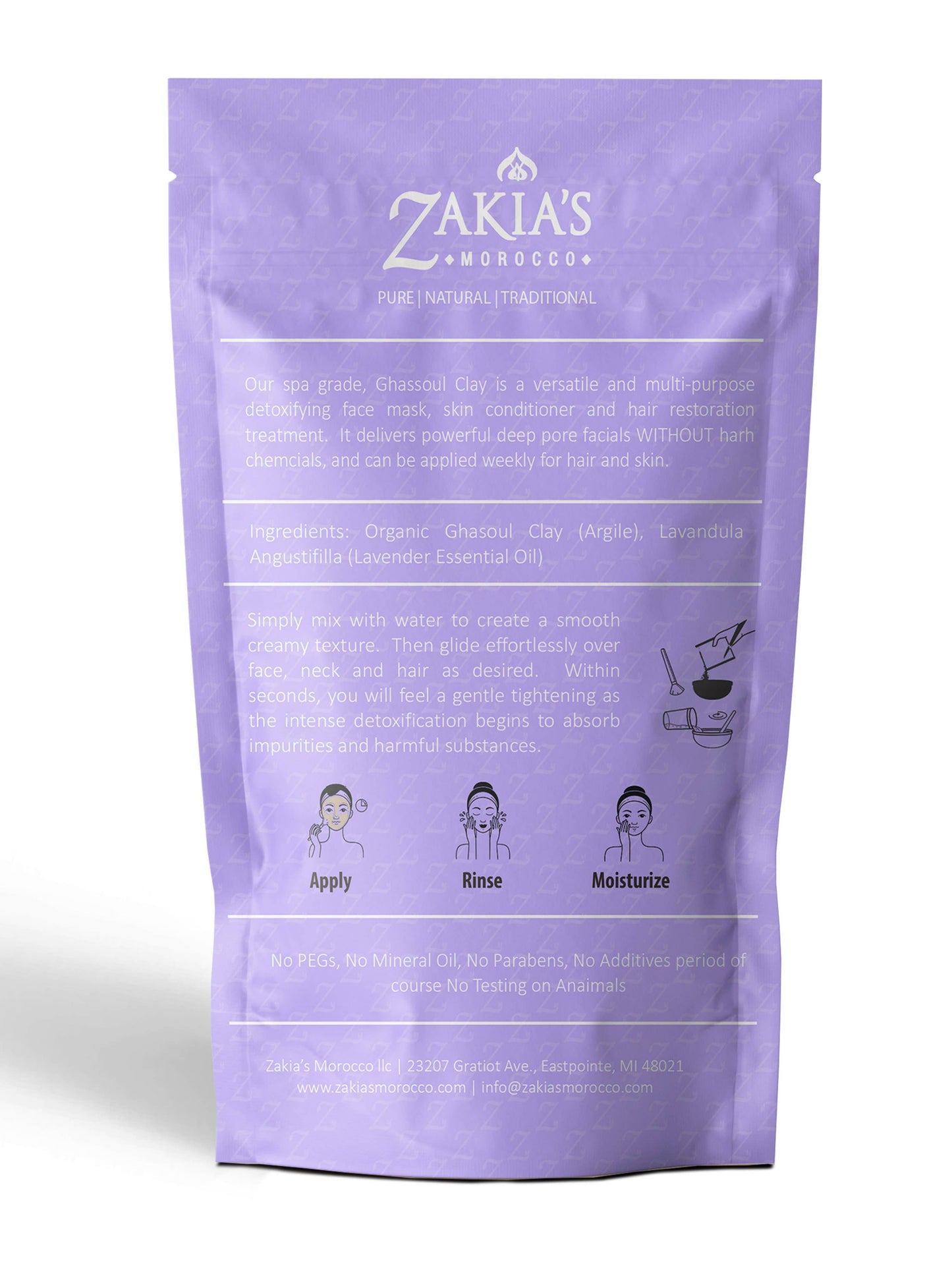 Zakia's Morocco - Organic Moroccan Ghassoul "Rhassoul" Clay Face and Hair Mask - Lavender - 8 oz.