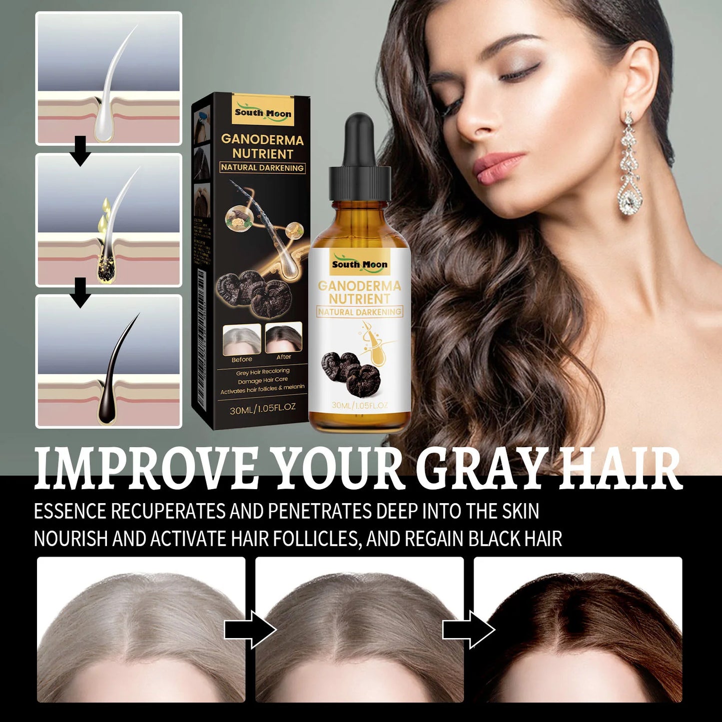 South Moon 30ml Ganoderma Darkening Hair Serum White To Black Repairing Nourish Moisturize Scalp Anti Greying Thicken Hair Serum