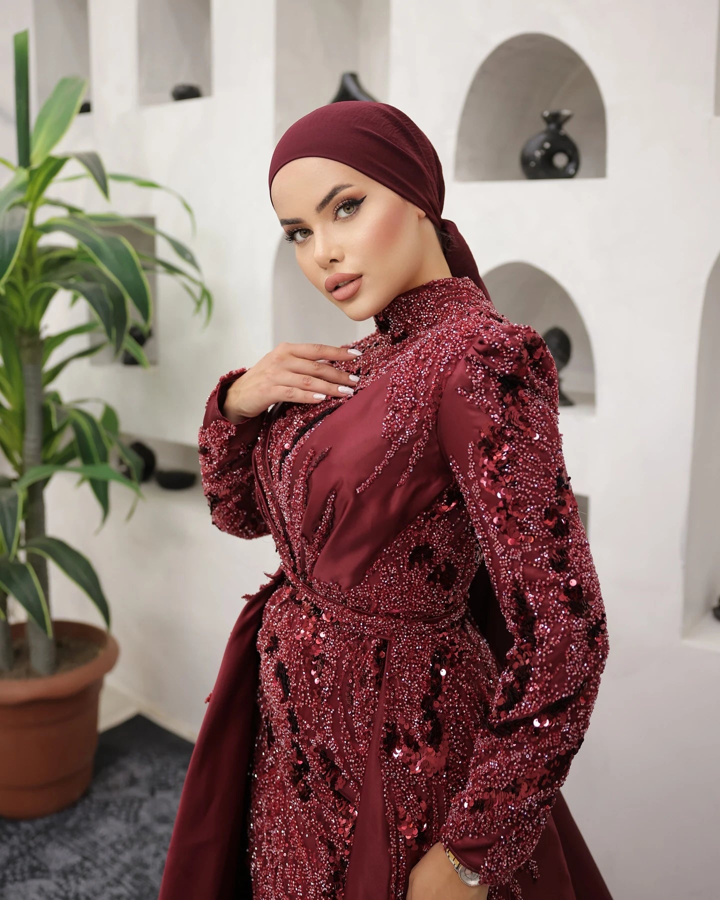 FATAPAESE Muslim Evening Dress Illusion Neckline Full Sleeve Side Slit Maxi Skirt Special Occasion Gown لباس_ماکسی لباس_شب_ترک