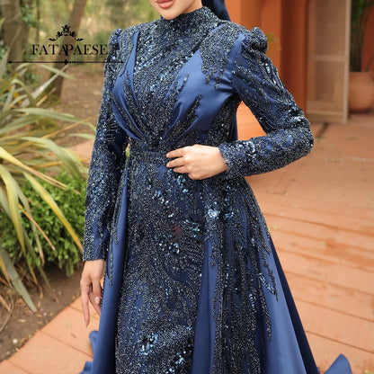 FATAPAESE Muslim Evening Dress Illusion Neckline Full Sleeve Side Slit Maxi Skirt Special Occasion Gown لباس_ماکسی لباس_شب_ترک