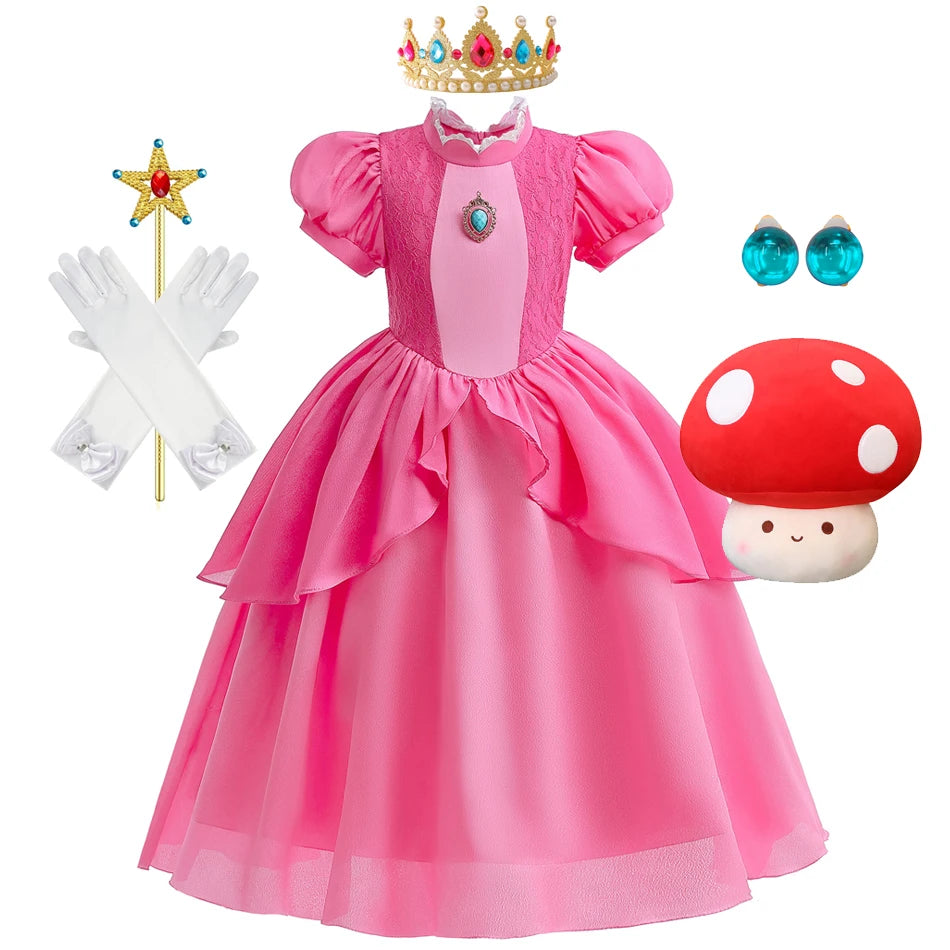 Girls Princess Dress Peach Cosplay Costume Children Halloween Christmas LED Light Disguise Kids Pink Birthday New Vestidos Party